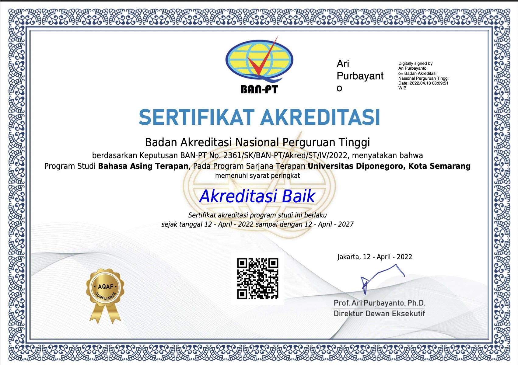 Akreditasi "Baik" Bahasa Asing Terapan